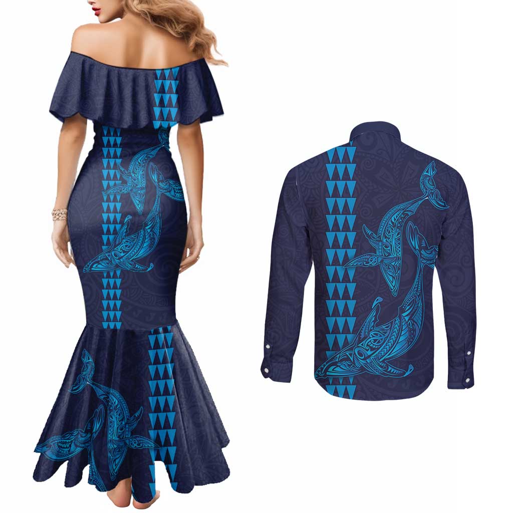 Aloha Hawaii Whale Kakau and Polynesian Tattoo Couples Matching Mermaid Dress and Long Sleeve Button Shirt Dark Navy Color LT03 - Polynesian Pride
