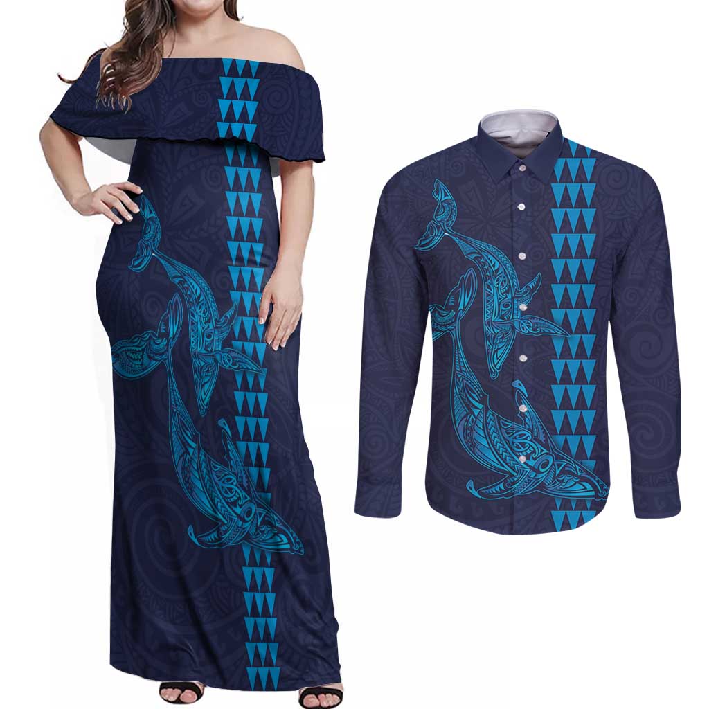 Aloha Hawaii Whale Kakau and Polynesian Tattoo Couples Matching Off Shoulder Maxi Dress and Long Sleeve Button Shirt Dark Navy Color LT03 Dark Navy - Polynesian Pride
