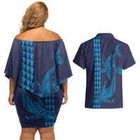 Aloha Hawaii Whale Kakau and Polynesian Tattoo Couples Matching Off Shoulder Short Dress and Hawaiian Shirt Dark Navy Color LT03 - Polynesian Pride