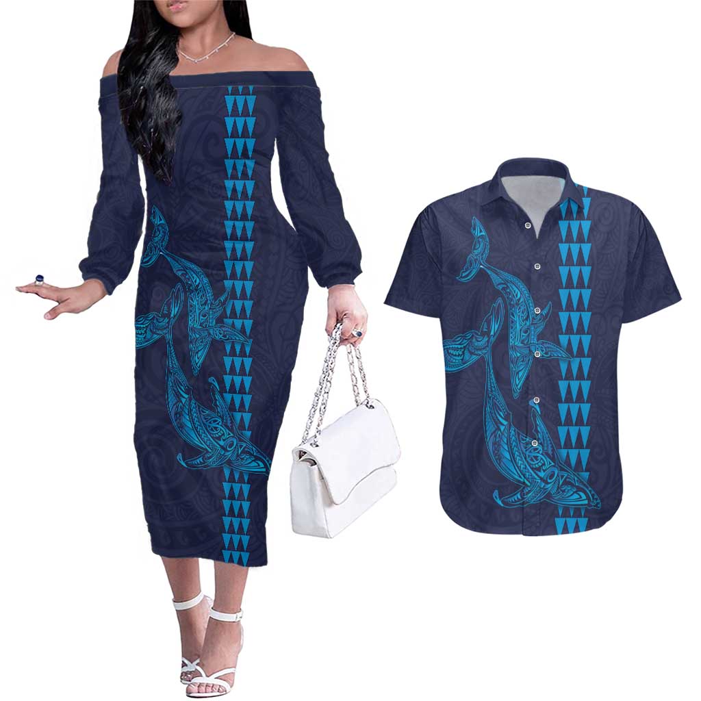 Aloha Hawaii Whale Kakau and Polynesian Tattoo Couples Matching Off The Shoulder Long Sleeve Dress and Hawaiian Shirt Dark Navy Color LT03 Dark Navy - Polynesian Pride