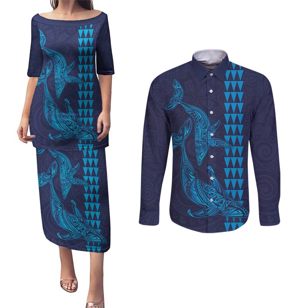 Aloha Hawaii Whale Kakau and Polynesian Tattoo Couples Matching Puletasi and Long Sleeve Button Shirt Dark Navy Color