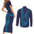 Aloha Hawaii Whale Kakau and Polynesian Tattoo Couples Matching Short Sleeve Bodycon Dress and Long Sleeve Button Shirt Dark Navy Color