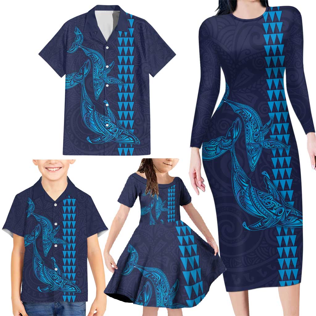 Aloha Hawaii Whale Kakau and Polynesian Tattoo Family Matching Long Sleeve Bodycon Dress and Hawaiian Shirt Dark Navy Color LT03 - Polynesian Pride