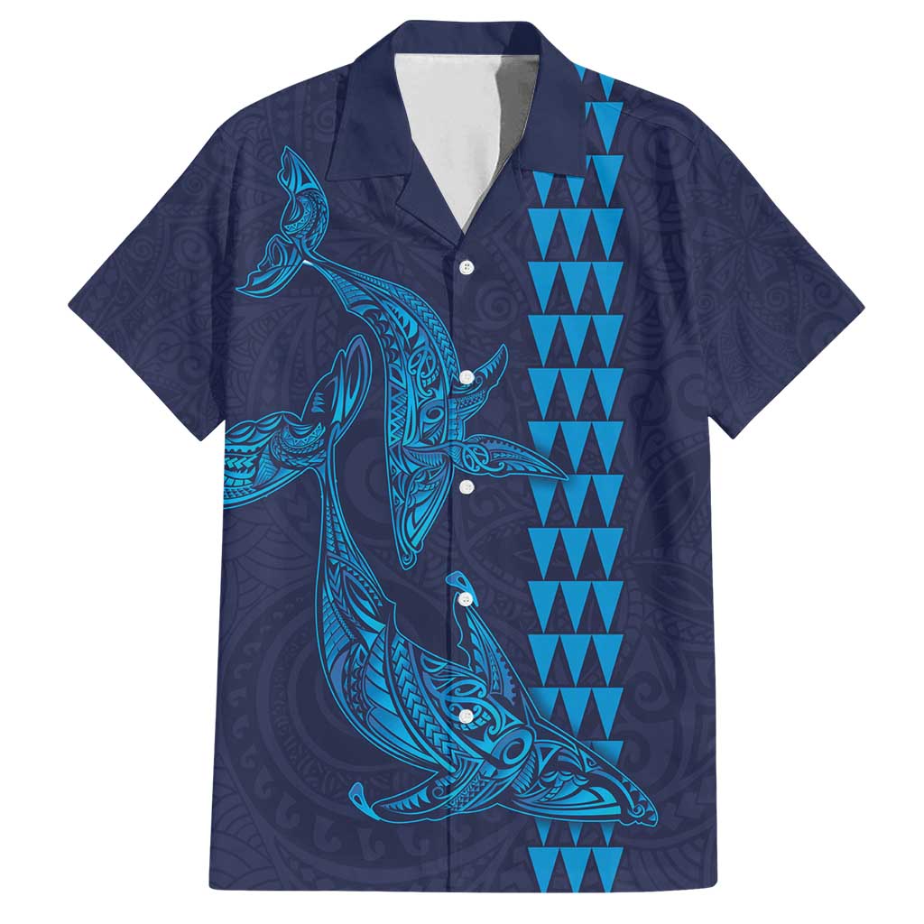Aloha Hawaii Whale Kakau and Polynesian Tattoo Family Matching Long Sleeve Bodycon Dress and Hawaiian Shirt Dark Navy Color