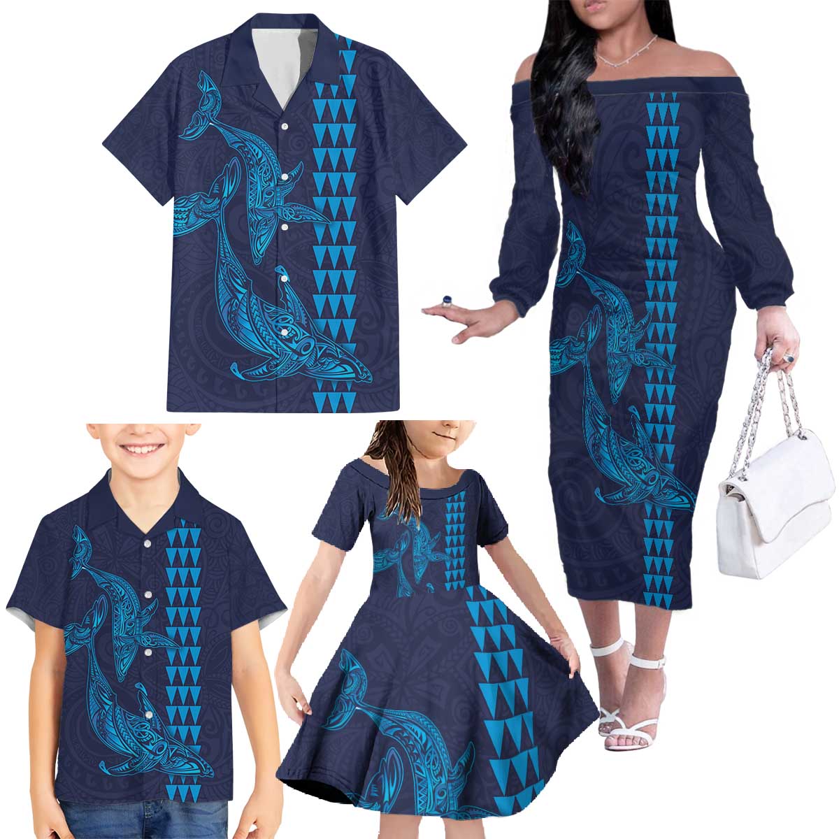 Aloha Hawaii Whale Kakau and Polynesian Tattoo Family Matching Off The Shoulder Long Sleeve Dress and Hawaiian Shirt Dark Navy Color LT03 - Polynesian Pride