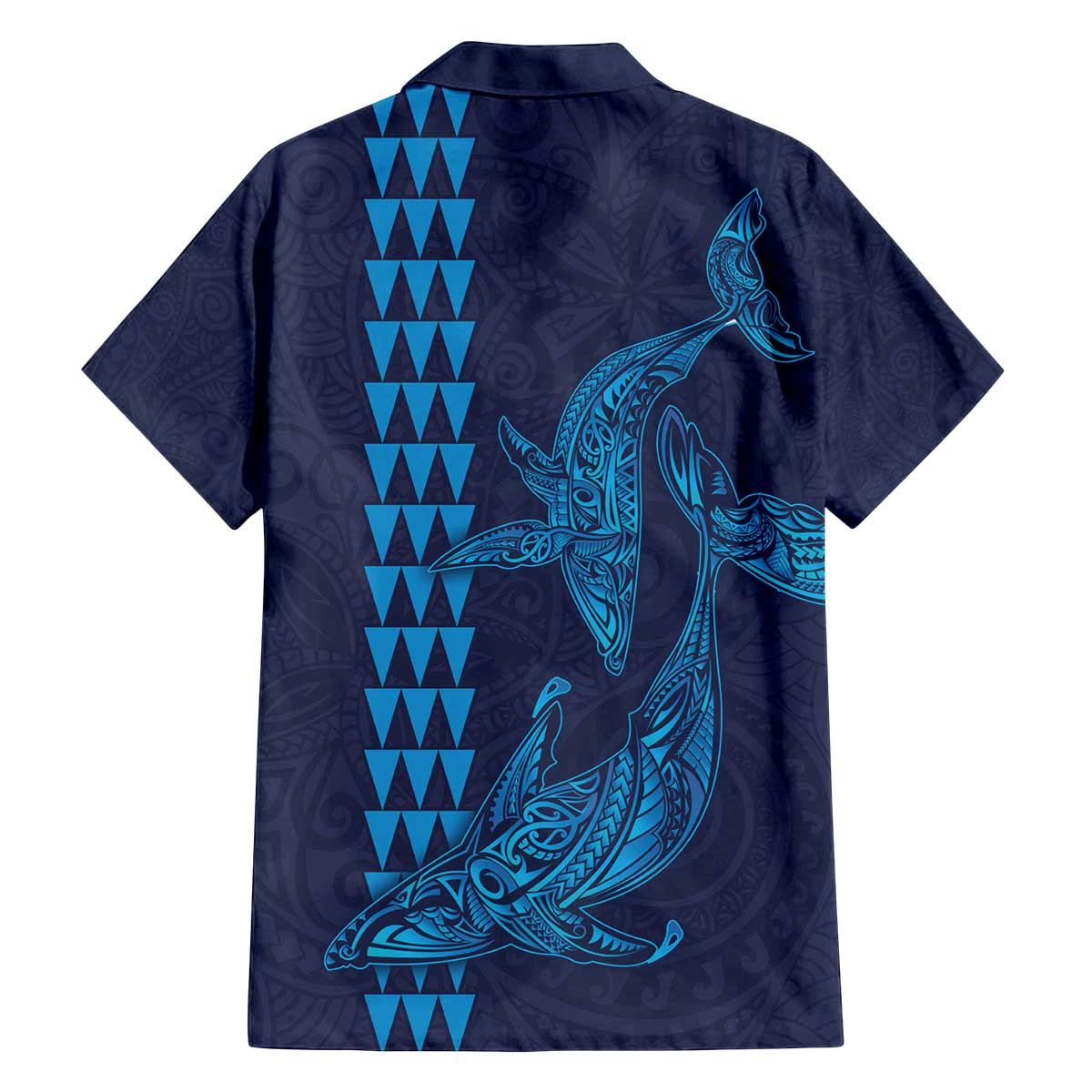 Aloha Hawaii Whale Kakau and Polynesian Tattoo Family Matching Off Shoulder Short Dress and Hawaiian Shirt Dark Navy Color