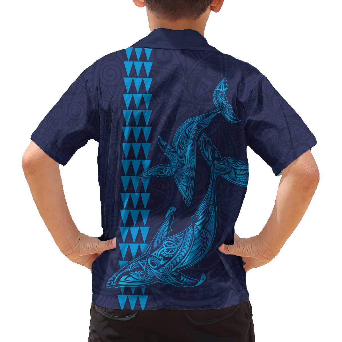 Aloha Hawaii Whale Kakau and Polynesian Tattoo Family Matching Puletasi and Hawaiian Shirt Dark Navy Color