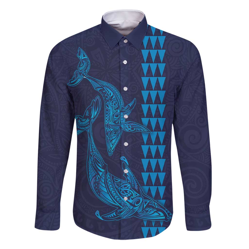 Aloha Hawaii Whale Kakau and Polynesian Tattoo Family Matching Short Sleeve Bodycon Dress and Hawaiian Shirt Dark Navy Color