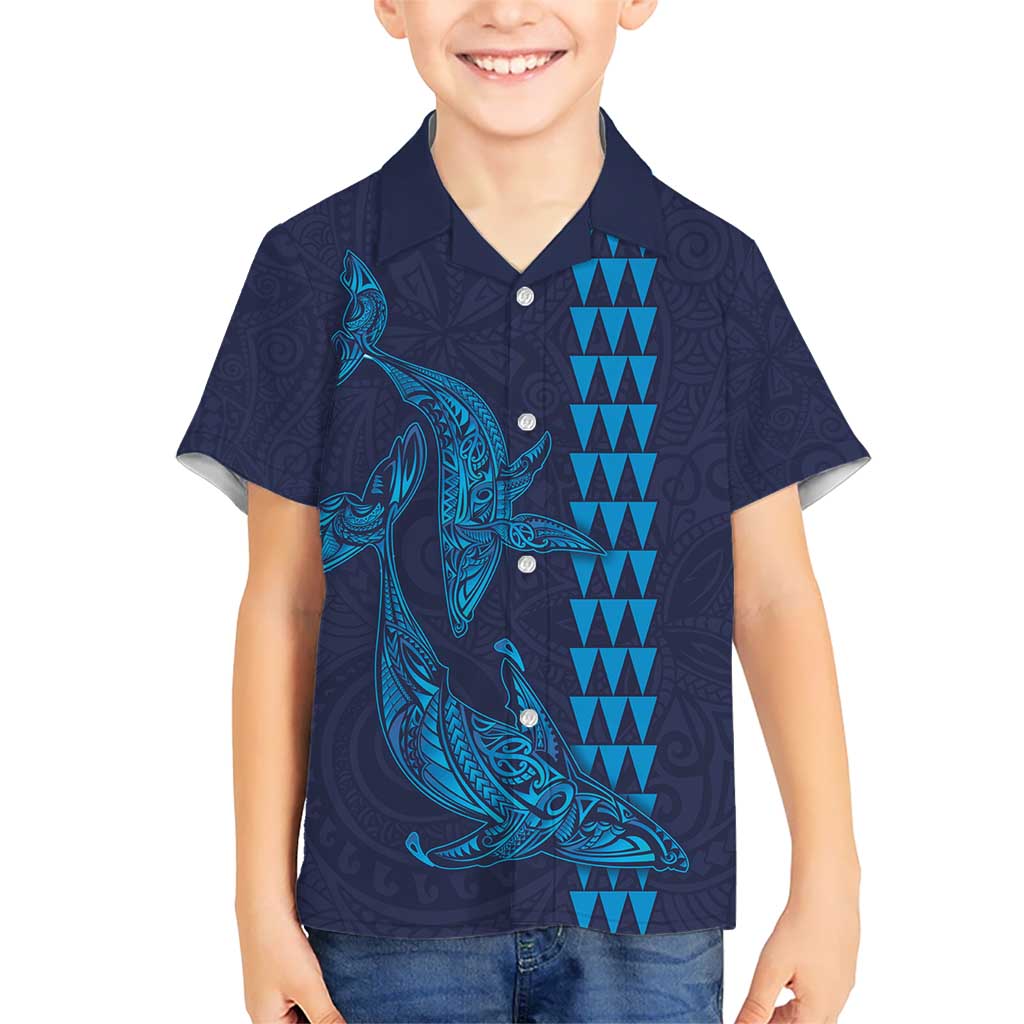 Aloha Hawaii Whale Kakau and Polynesian Tattoo Kid Hawaiian Shirt Dark Navy Color