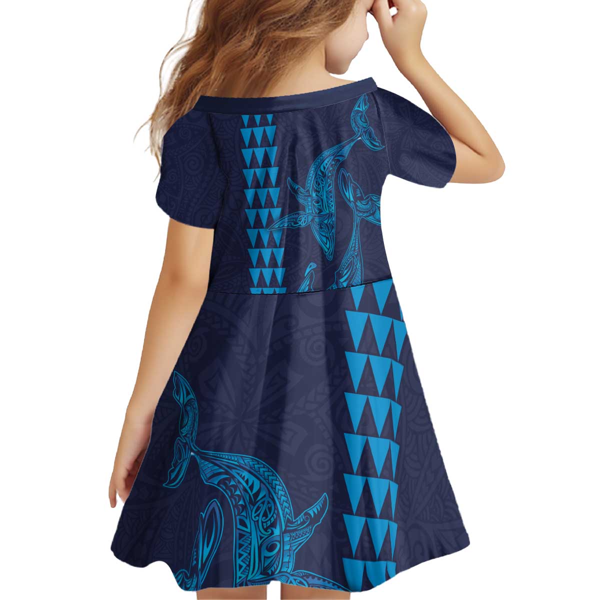Aloha Hawaii Whale Kakau and Polynesian Tattoo Kid Short Sleeve Dress Dark Navy Color
