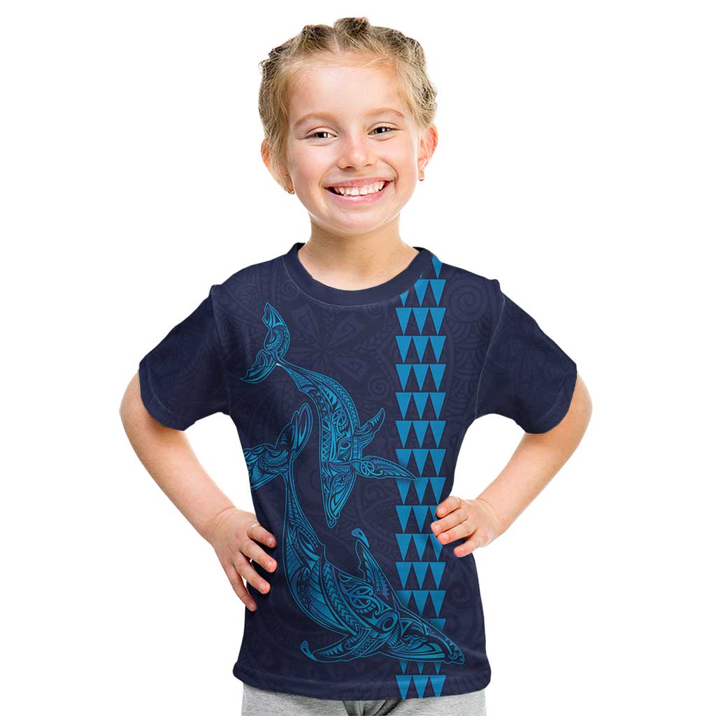 Aloha Hawaii Whale Kakau and Polynesian Tattoo Kid T Shirt Dark Navy Color