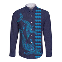 Aloha Hawaii Whale Kakau and Polynesian Tattoo Long Sleeve Button Shirt Dark Navy Color LT03 Unisex Dark Navy - Polynesian Pride
