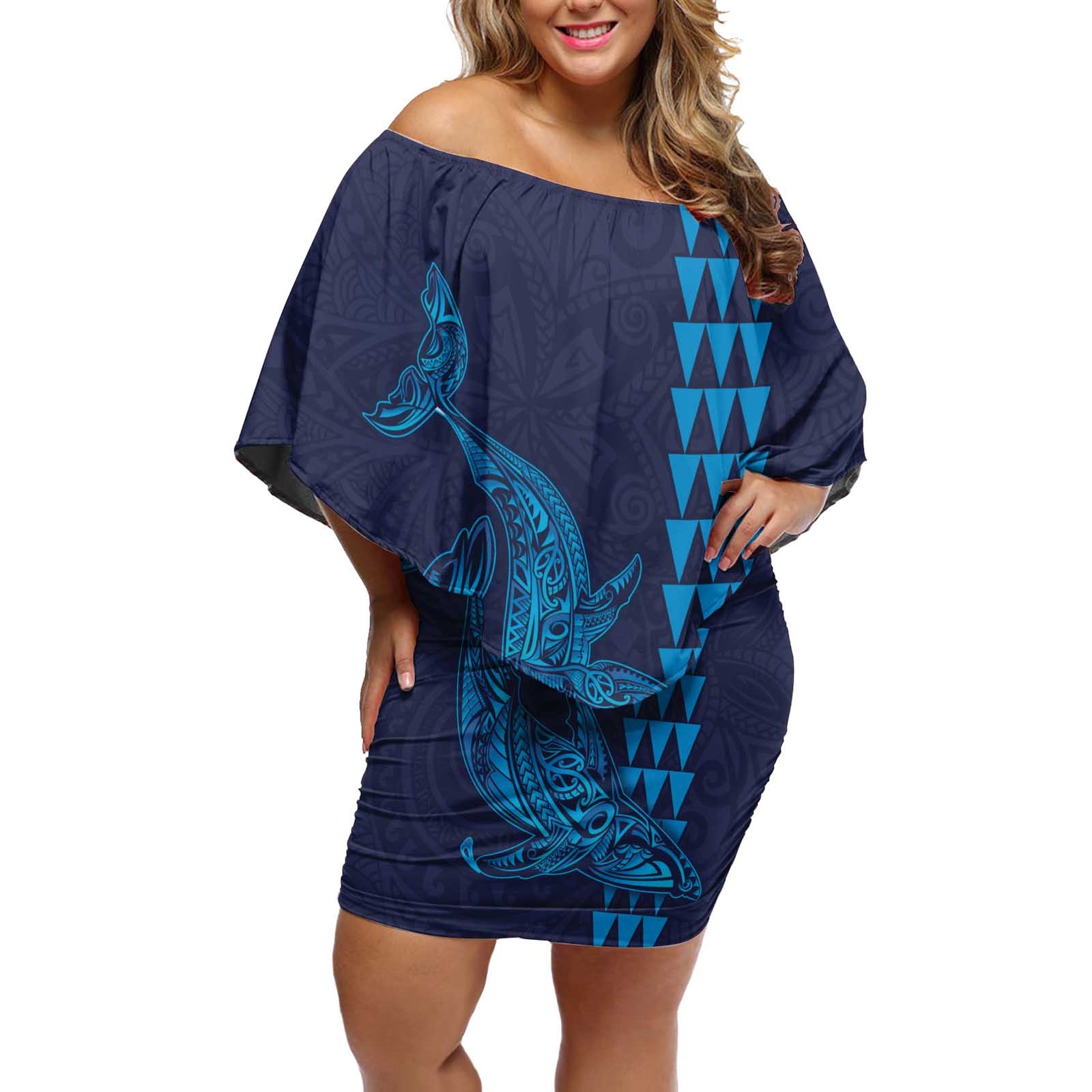 Aloha Hawaii Whale Kakau and Polynesian Tattoo Off Shoulder Short Dress Dark Navy Color LT03 Women Dark Navy - Polynesian Pride