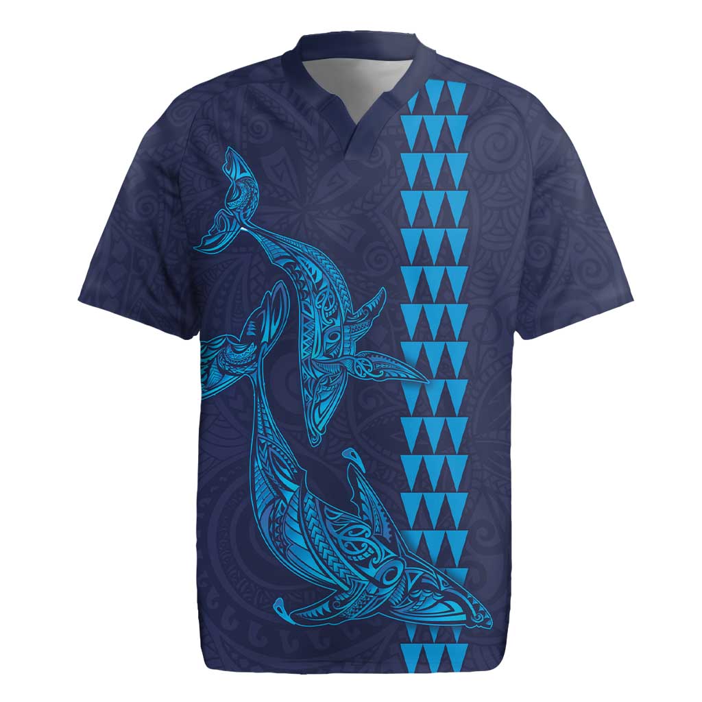 Aloha Hawaii Whale Kakau and Polynesian Tattoo Rugby Jersey Dark Navy Color