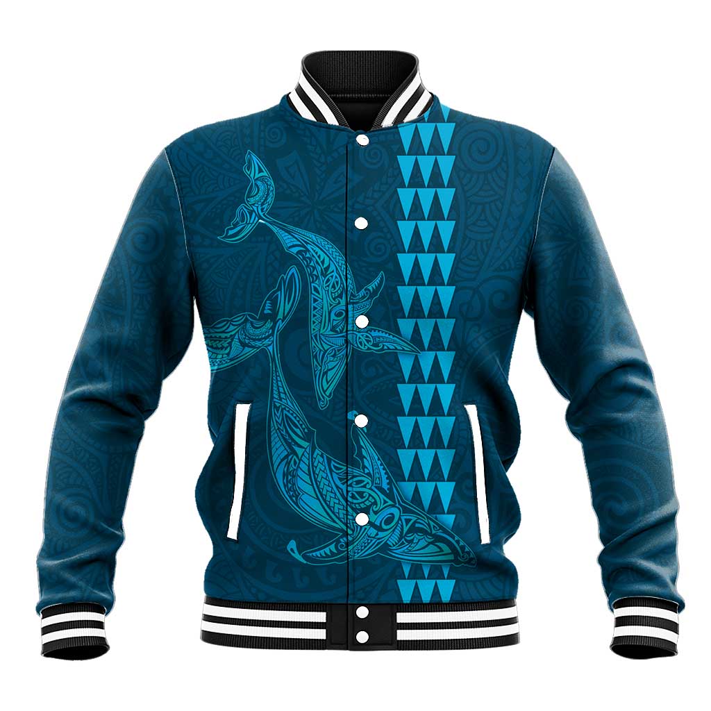 Aloha Hawaii Whale Kakau and Polynesian Tattoo Baseball Jacket Light Blue Color