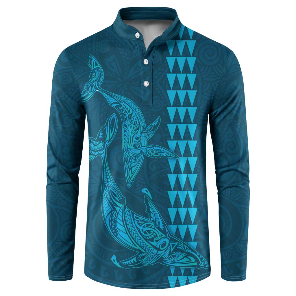 Aloha Hawaii Whale Kakau and Polynesian Tattoo Button Sweatshirt Light Blue Color