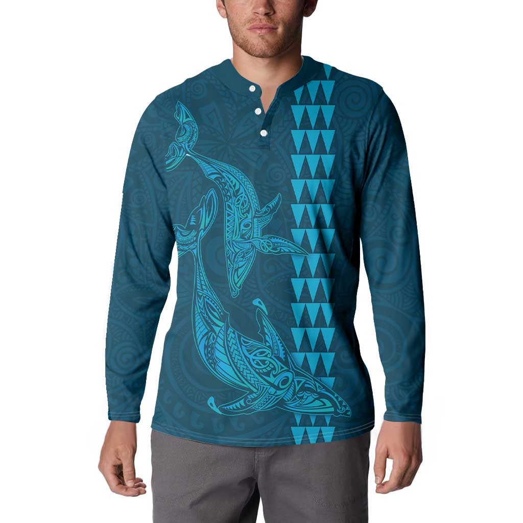 Aloha Hawaii Whale Kakau and Polynesian Tattoo Button Sweatshirt Light Blue Color LT03 - Polynesian Pride