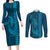 Aloha Hawaii Whale Kakau and Polynesian Tattoo Couples Matching Long Sleeve Bodycon Dress and Long Sleeve Button Shirt Light Blue Color