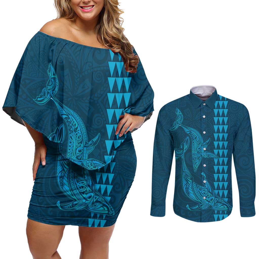 Aloha Hawaii Whale Kakau and Polynesian Tattoo Couples Matching Off Shoulder Short Dress and Long Sleeve Button Shirt Light Blue Color LT03 Light Blue - Polynesian Pride