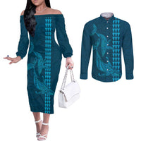 Aloha Hawaii Whale Kakau and Polynesian Tattoo Couples Matching Off The Shoulder Long Sleeve Dress and Long Sleeve Button Shirt Light Blue Color