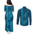 Aloha Hawaii Whale Kakau and Polynesian Tattoo Couples Matching Puletasi and Long Sleeve Button Shirt Light Blue Color