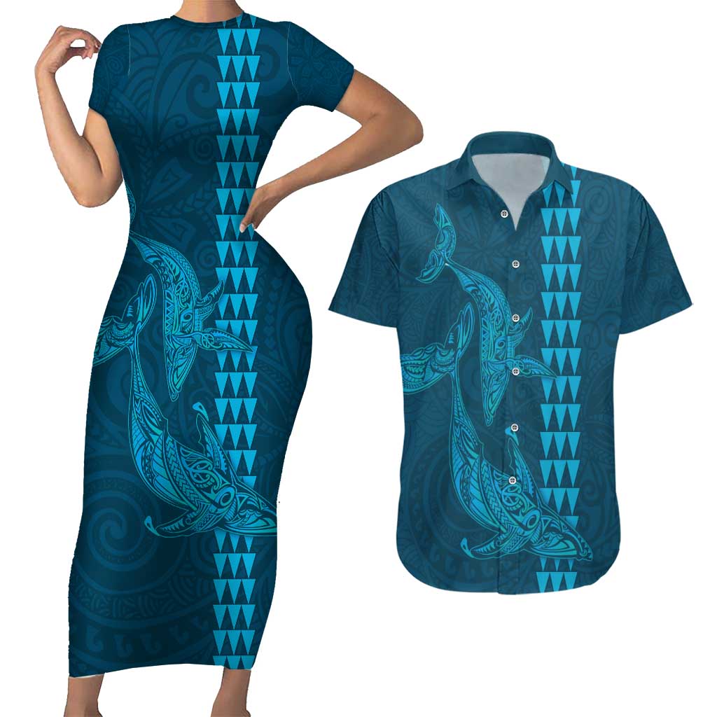 Aloha Hawaii Whale Kakau and Polynesian Tattoo Couples Matching Short Sleeve Bodycon Dress and Hawaiian Shirt Light Blue Color LT03 Light Blue - Polynesian Pride