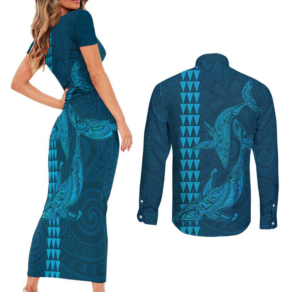 Aloha Hawaii Whale Kakau and Polynesian Tattoo Couples Matching Short Sleeve Bodycon Dress and Long Sleeve Button Shirt Light Blue Color LT03 - Polynesian Pride