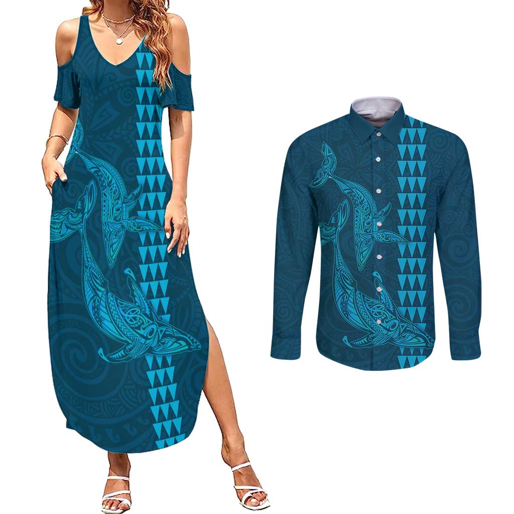 Aloha Hawaii Whale Kakau and Polynesian Tattoo Couples Matching Summer Maxi Dress and Long Sleeve Button Shirt Light Blue Color