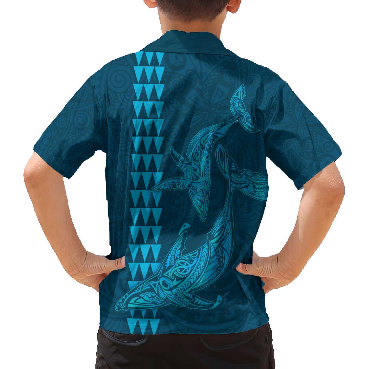 Aloha Hawaii Whale Kakau and Polynesian Tattoo Family Matching Off The Shoulder Long Sleeve Dress and Hawaiian Shirt Light Blue Color LT03 - Polynesian Pride