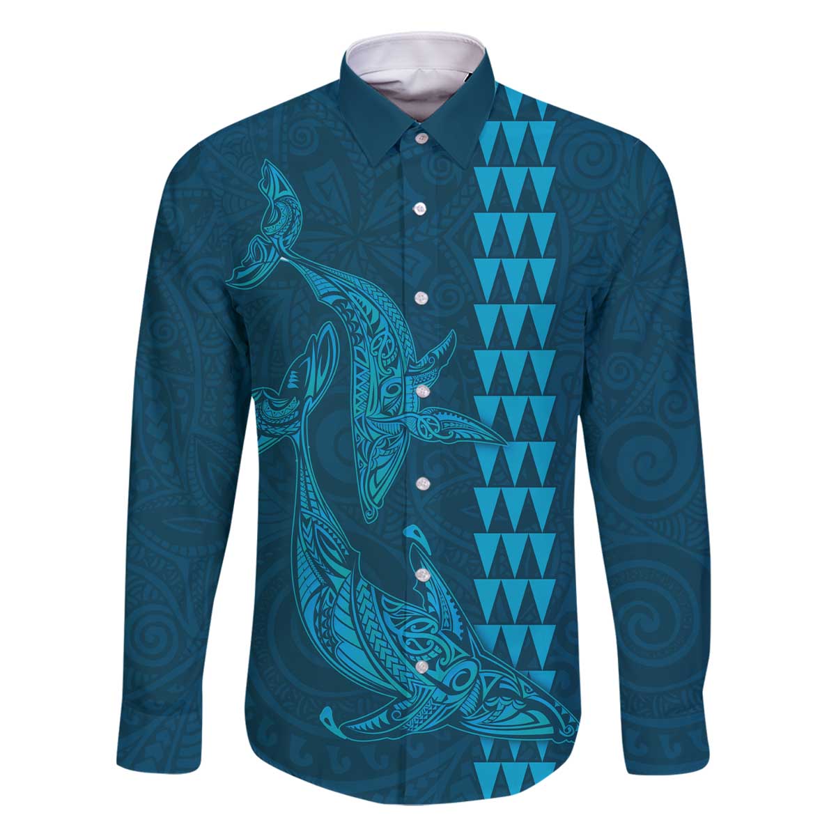 Aloha Hawaii Whale Kakau and Polynesian Tattoo Family Matching Off The Shoulder Long Sleeve Dress and Hawaiian Shirt Light Blue Color LT03 Dad's Shirt - Long Sleeve Light Blue - Polynesian Pride