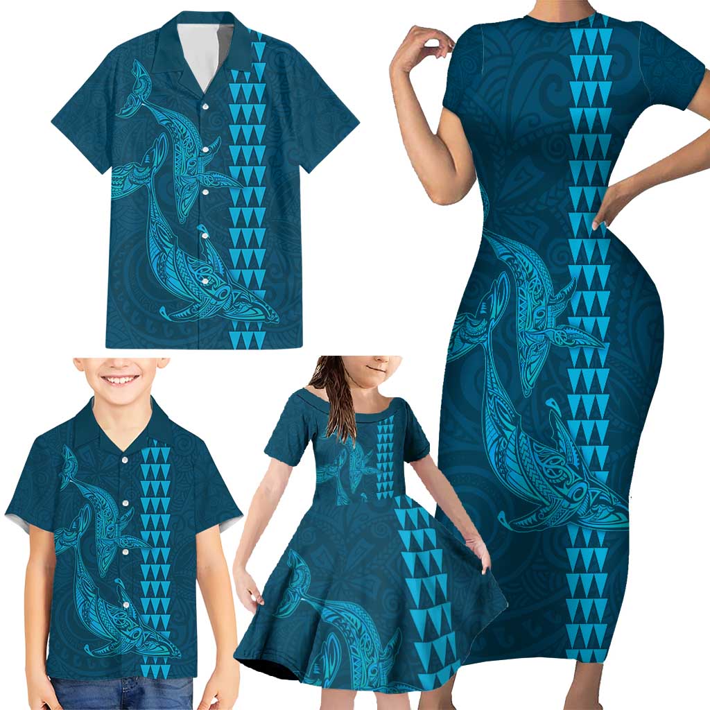 Aloha Hawaii Whale Kakau and Polynesian Tattoo Family Matching Short Sleeve Bodycon Dress and Hawaiian Shirt Light Blue Color LT03 - Polynesian Pride