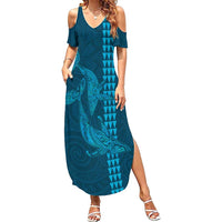 Aloha Hawaii Whale Kakau and Polynesian Tattoo Family Matching Summer Maxi Dress and Hawaiian Shirt Light Blue Color LT03 Mom's Dress Light Blue - Polynesian Pride
