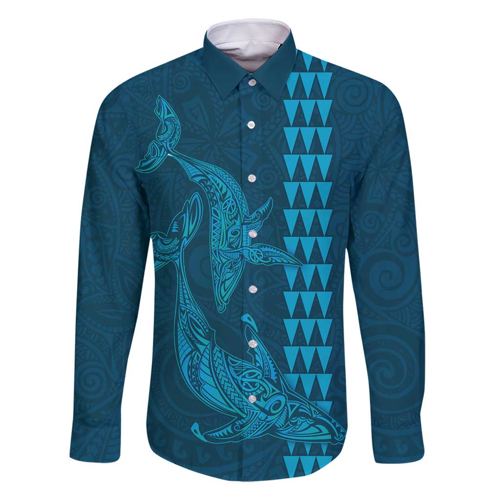 Aloha Hawaii Whale Kakau and Polynesian Tattoo Family Matching Tank Maxi Dress and Hawaiian Shirt Light Blue Color LT03 Dad's Shirt - Long Sleeve Light Blue - Polynesian Pride