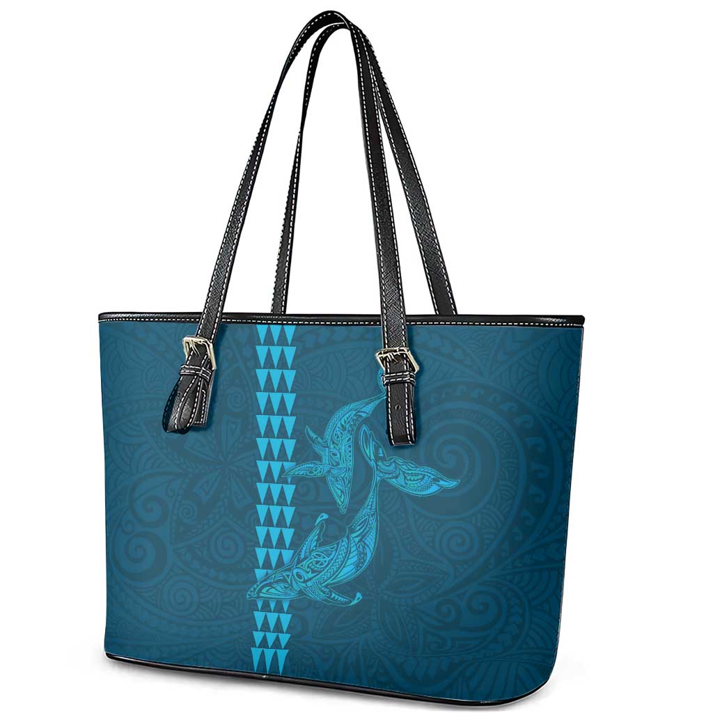 Aloha Hawaii Whale Kakau and Polynesian Tattoo Leather Tote Bag Light Blue Color