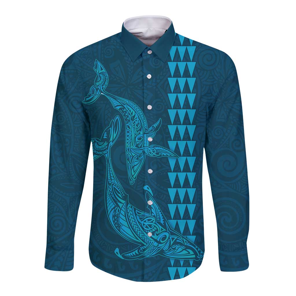 Aloha Hawaii Whale Kakau and Polynesian Tattoo Long Sleeve Button Shirt Light Blue Color LT03 Unisex Light Blue - Polynesian Pride