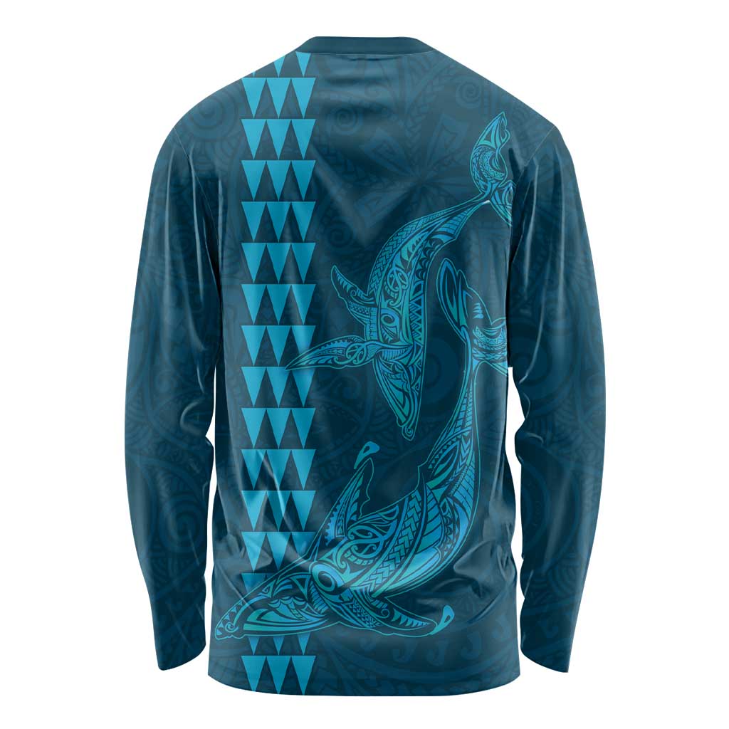 Aloha Hawaii Whale Kakau and Polynesian Tattoo Long Sleeve Shirt Light Blue Color