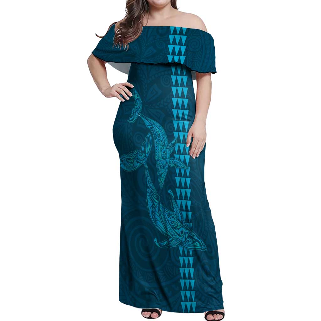 Aloha Hawaii Whale Kakau and Polynesian Tattoo Off Shoulder Maxi Dress Light Blue Color LT03 Women Light Blue - Polynesian Pride