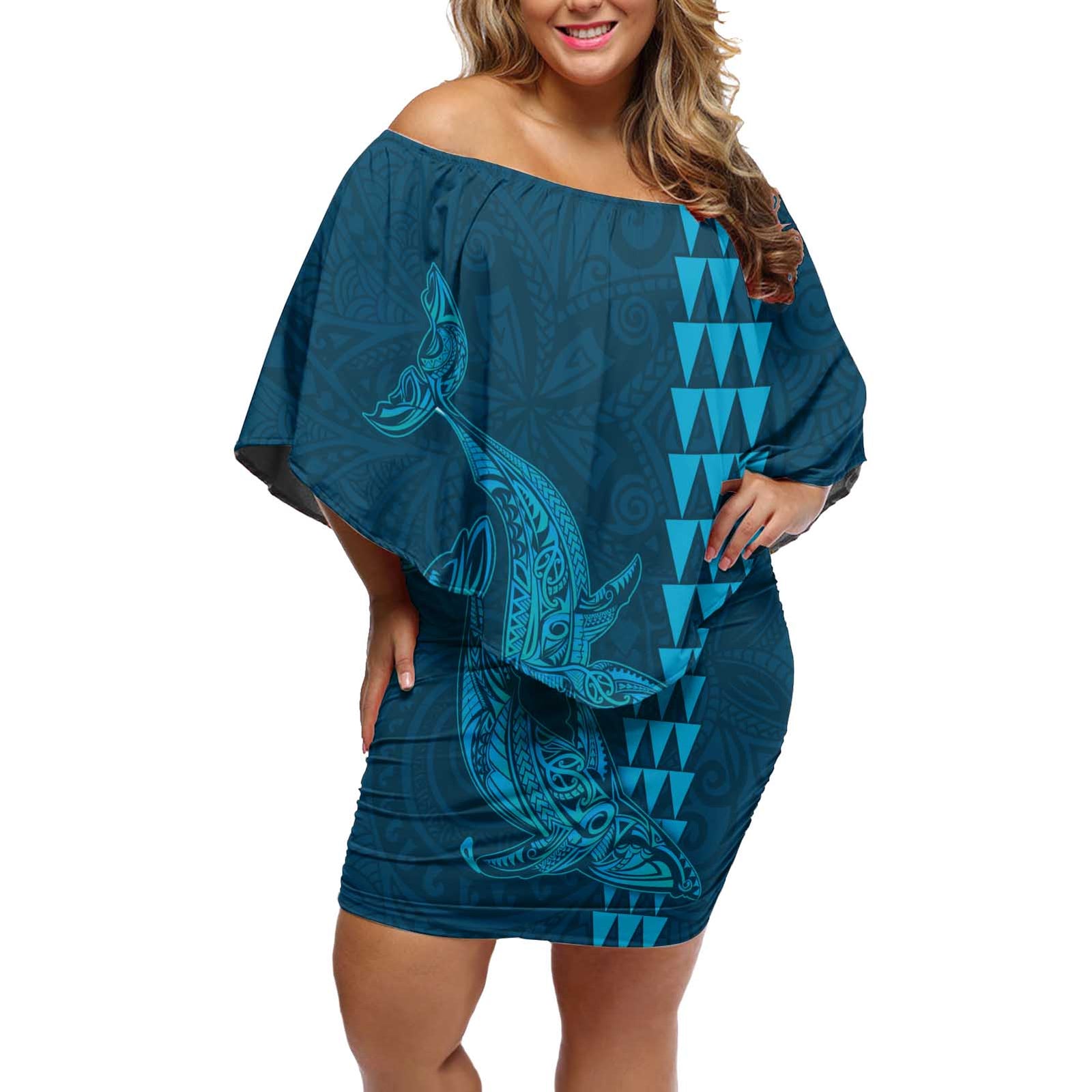Aloha Hawaii Whale Kakau and Polynesian Tattoo Off Shoulder Short Dress Light Blue Color LT03 Women Light Blue - Polynesian Pride