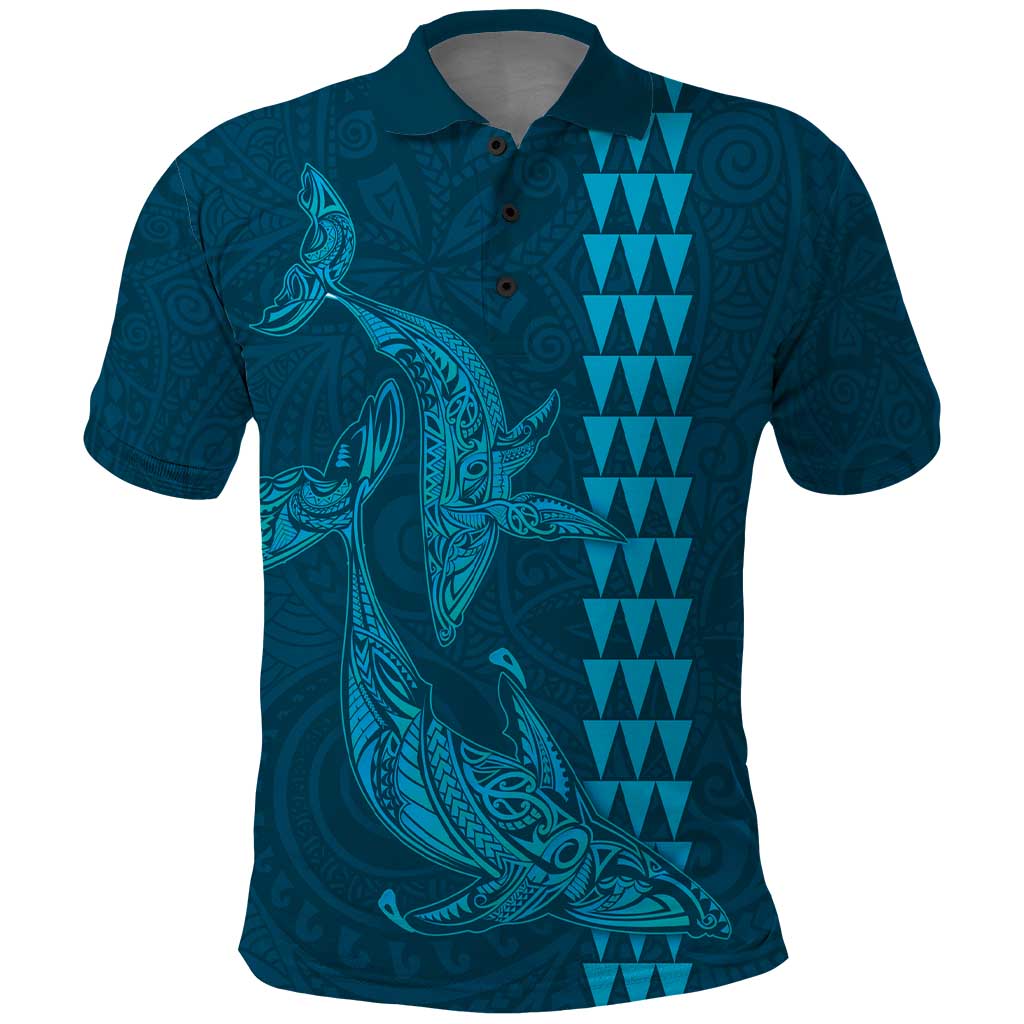 Aloha Hawaii Whale Kakau and Polynesian Tattoo Polo Shirt Light Blue Color