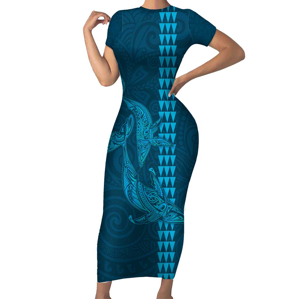 Aloha Hawaii Whale Kakau and Polynesian Tattoo Short Sleeve Bodycon Dress Light Blue Color LT03 Long Dress Light Blue - Polynesian Pride