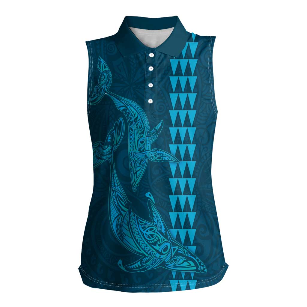 Aloha Hawaii Whale Kakau and Polynesian Tattoo Women Sleeveless Polo Shirt Light Blue Color