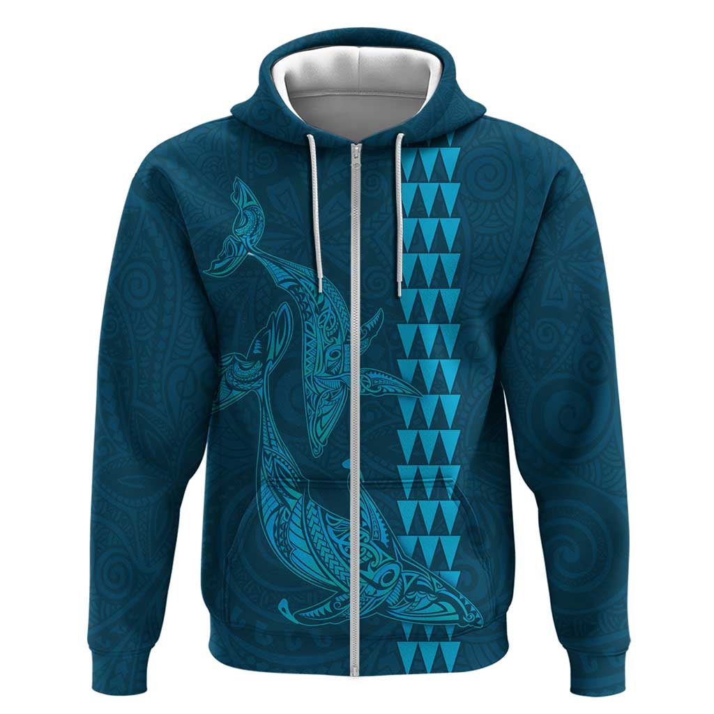 Aloha Hawaii Whale Kakau and Polynesian Tattoo Zip Hoodie Light Blue Color