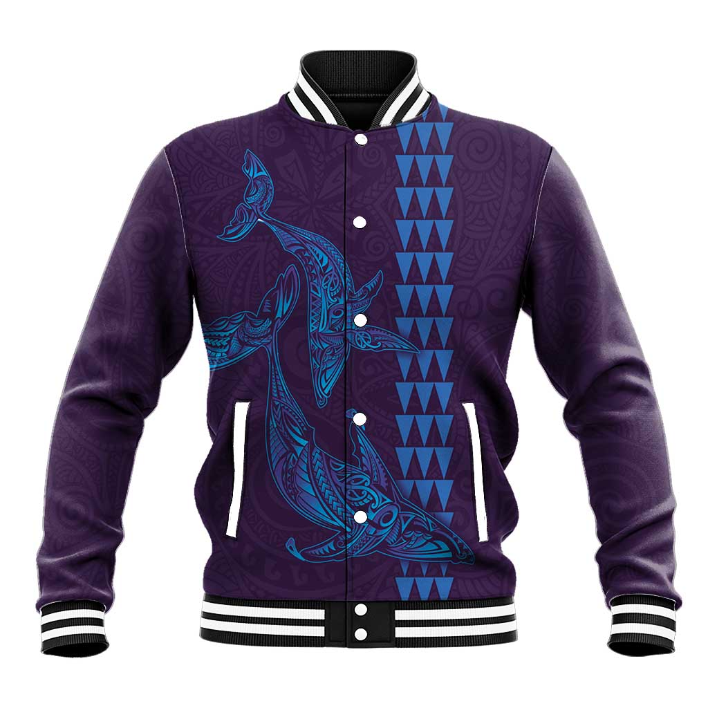 Aloha Hawaii Whale Kakau and Polynesian Tattoo Baseball Jacket Purple Color