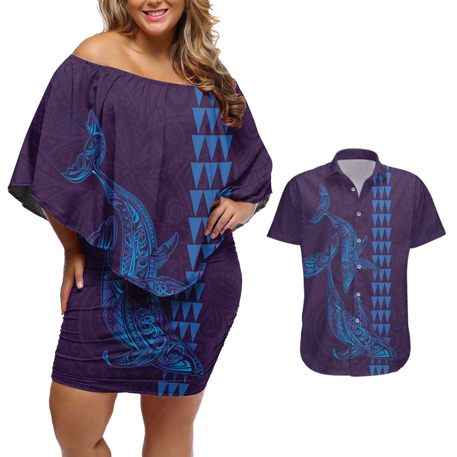 Aloha Hawaii Whale Kakau and Polynesian Tattoo Couples Matching Off Shoulder Short Dress and Hawaiian Shirt Purple Color LT03 Purple - Polynesian Pride