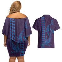 Aloha Hawaii Whale Kakau and Polynesian Tattoo Couples Matching Off Shoulder Short Dress and Hawaiian Shirt Purple Color LT03 - Polynesian Pride