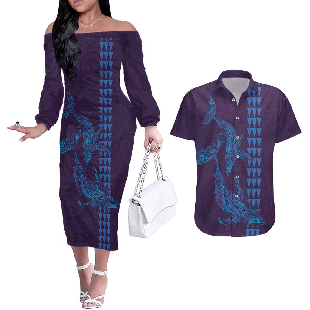 Aloha Hawaii Whale Kakau and Polynesian Tattoo Couples Matching Off The Shoulder Long Sleeve Dress and Hawaiian Shirt Purple Color LT03 Purple - Polynesian Pride