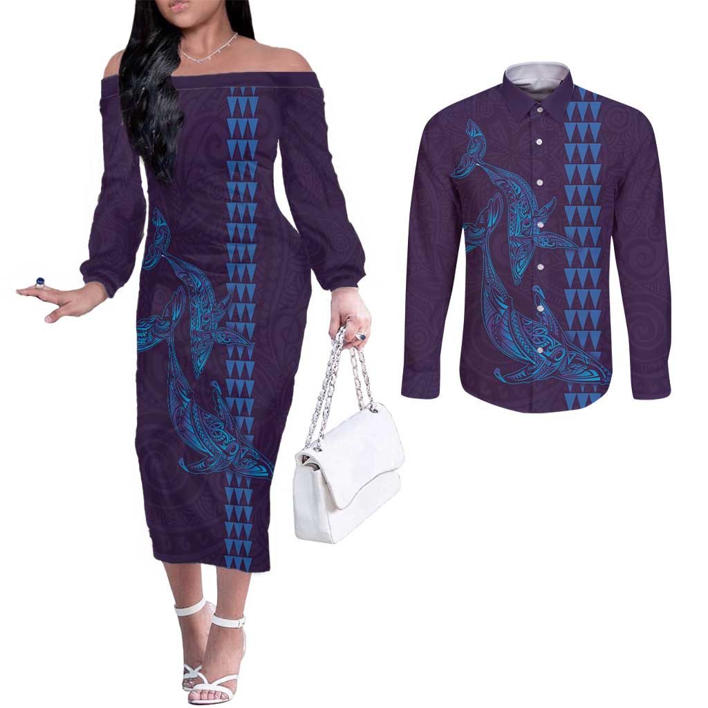 Aloha Hawaii Whale Kakau and Polynesian Tattoo Couples Matching Off The Shoulder Long Sleeve Dress and Long Sleeve Button Shirt Purple Color