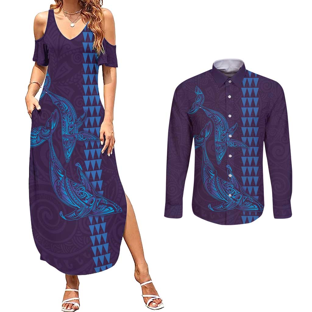 Aloha Hawaii Whale Kakau and Polynesian Tattoo Couples Matching Summer Maxi Dress and Long Sleeve Button Shirt Purple Color