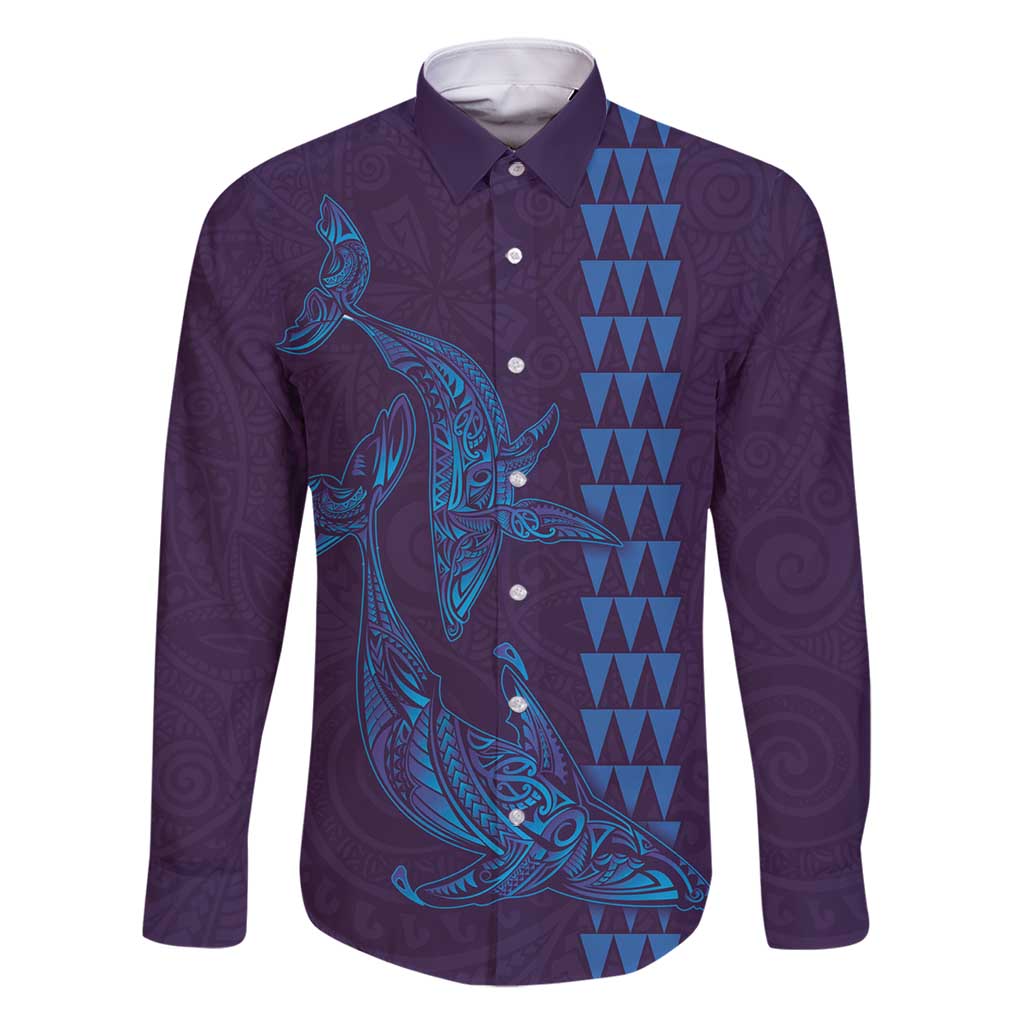 Aloha Hawaii Whale Kakau and Polynesian Tattoo Family Matching Mermaid Dress and Hawaiian Shirt Purple Color LT03 Dad's Shirt - Long Sleeve Purple - Polynesian Pride