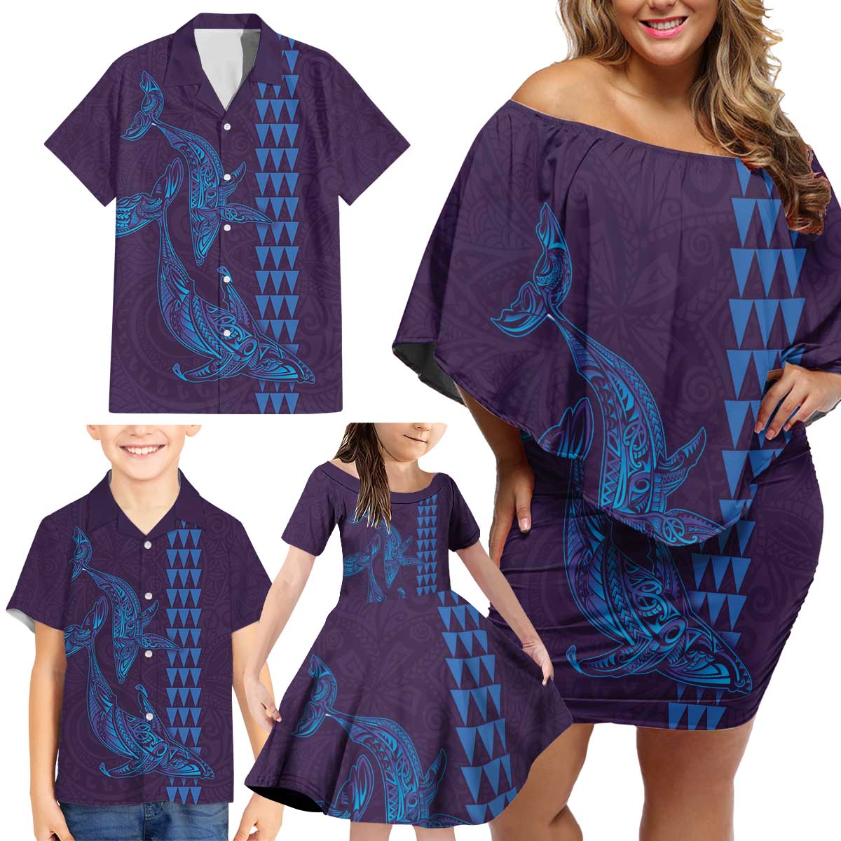 Aloha Hawaii Whale Kakau and Polynesian Tattoo Family Matching Off Shoulder Short Dress and Hawaiian Shirt Purple Color LT03 - Polynesian Pride